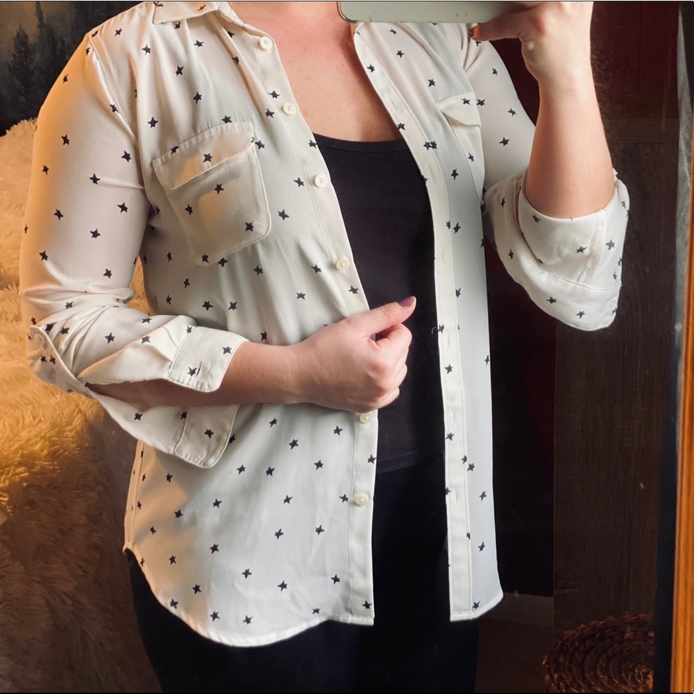 LOFT Cream & Black Stars Button Down Long Sleeve Shirt
